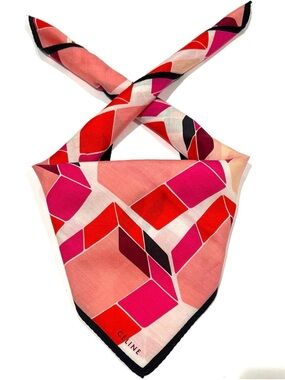 Celine Vintage Handkerchiefs Scarf Bannada Logo Art Pink Cotton Pocket Square22”